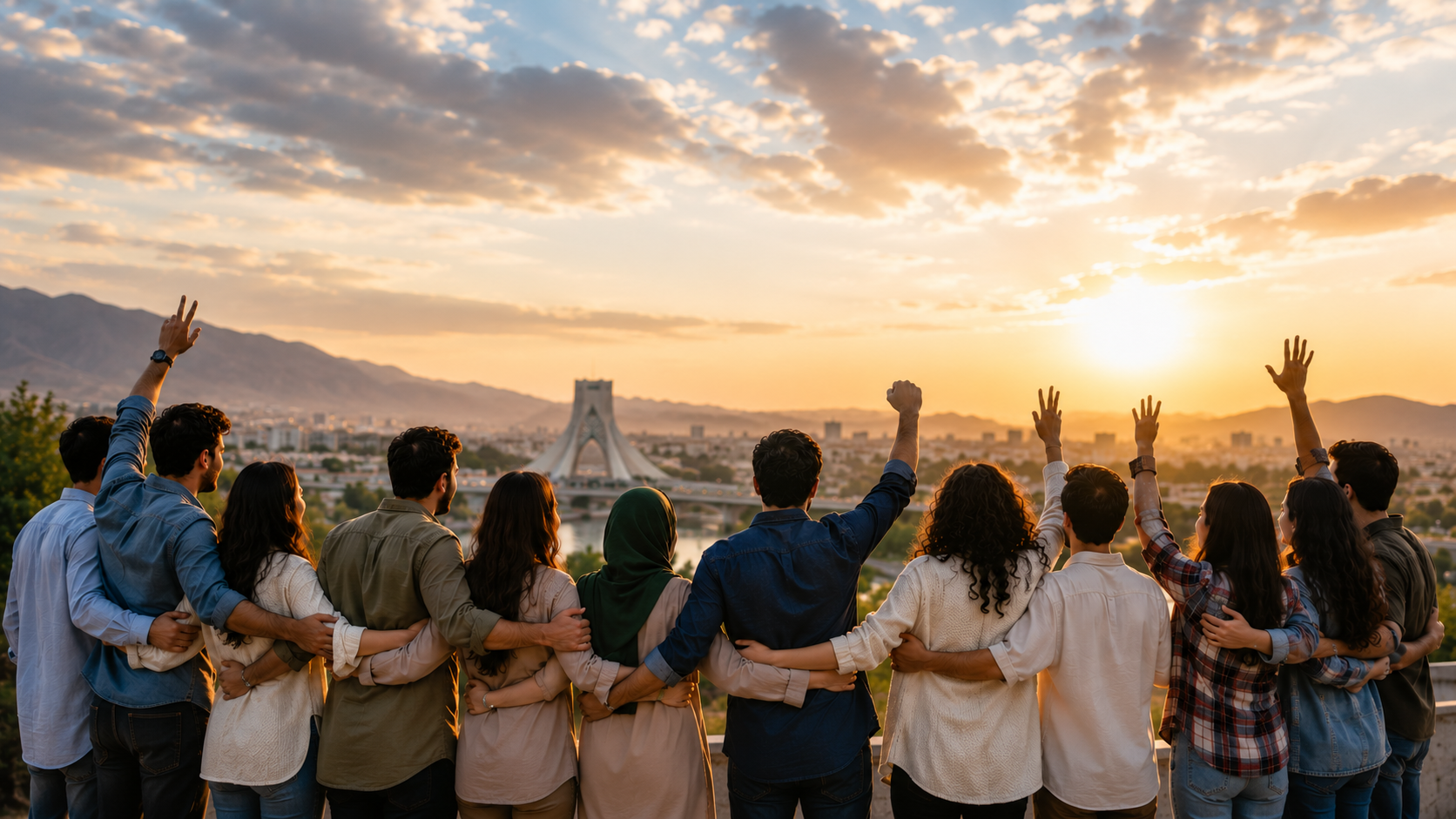 Diverse Iranians standing together at sunrise